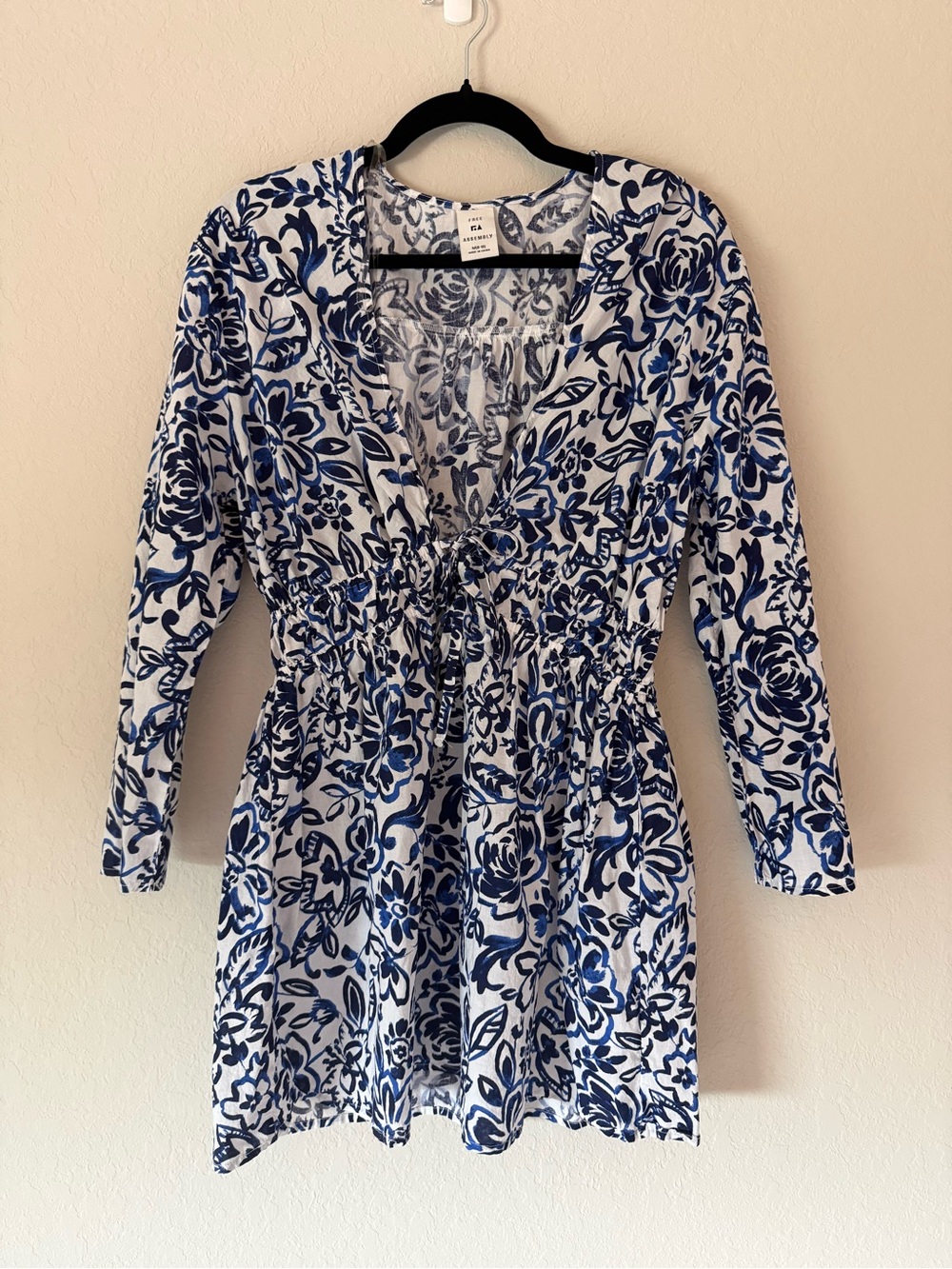 Free Assembly Blue & White 100% cotton Floral Long-Sleeve Tie-Front Dress